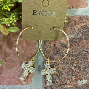 Fashion Gold Tone Fashion Hoops With Dangle Rhinestone Crosses